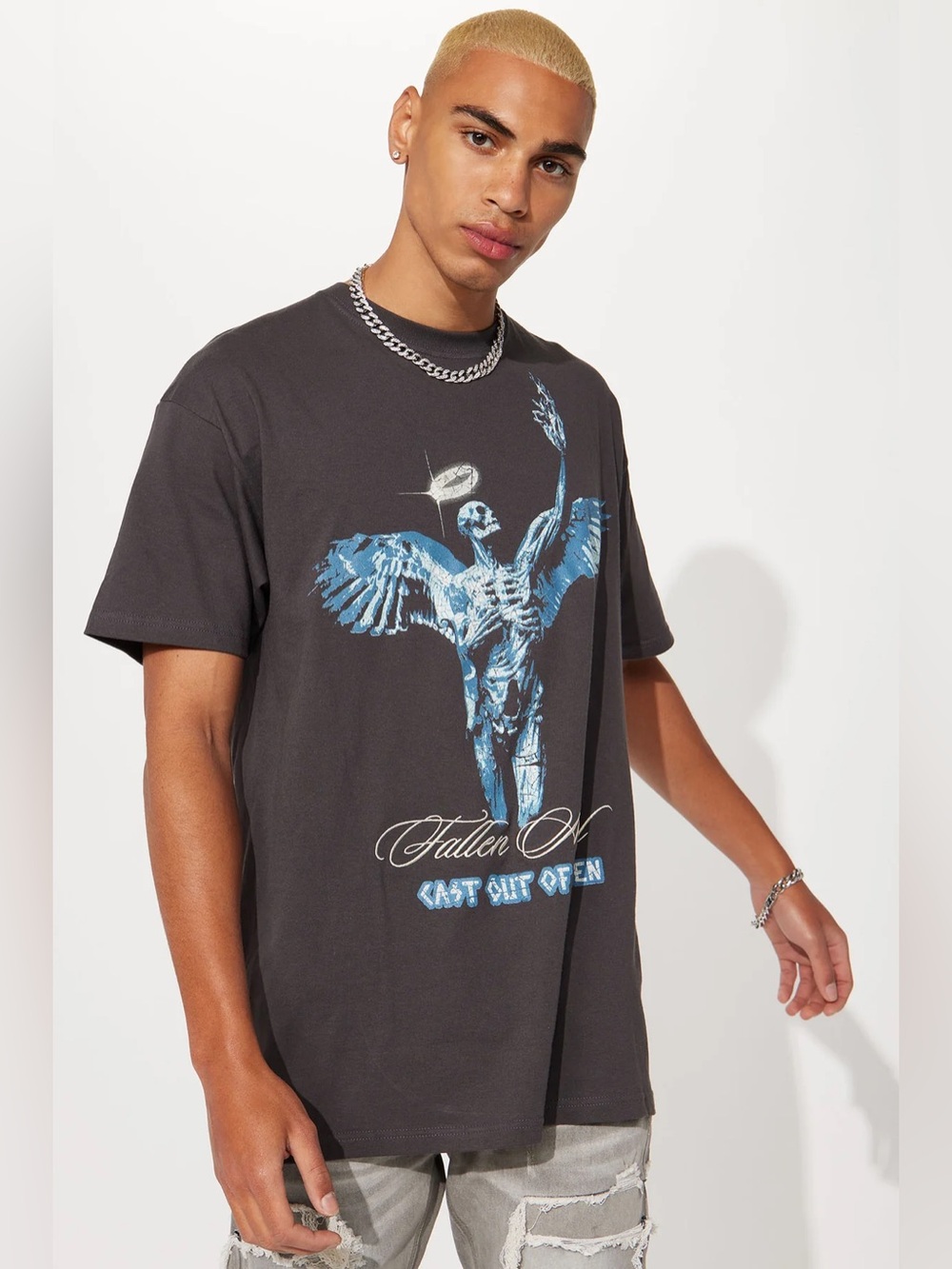 Fashion Nova Black Tee with Blue Angel Skeleton Graphic - Men